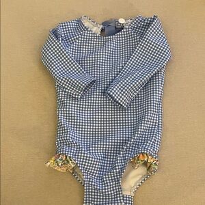 Blue Gingham Long-Sleeve Kids Swim One-Piece with Floral Ruffle